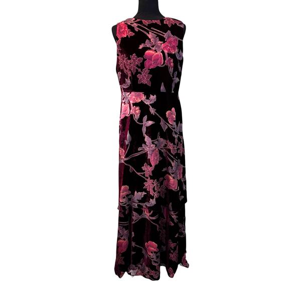 Tahari Burgundy Velvet Floral Maxi Dress Size 12 Burnout Sleeveless Gown - Picture 3 of 12